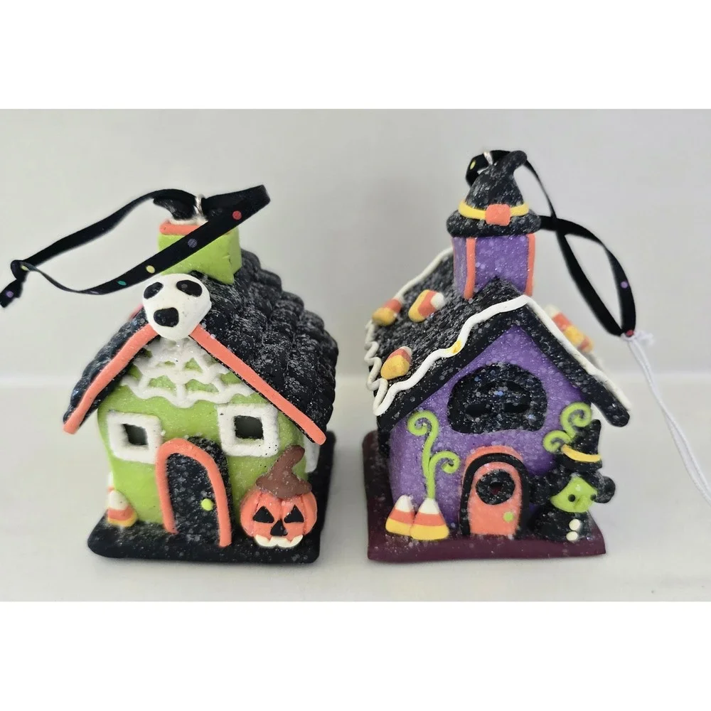 New Set of 2 Halloween Light Up Clay Dough House Ornaments‎  Witch Haunted House